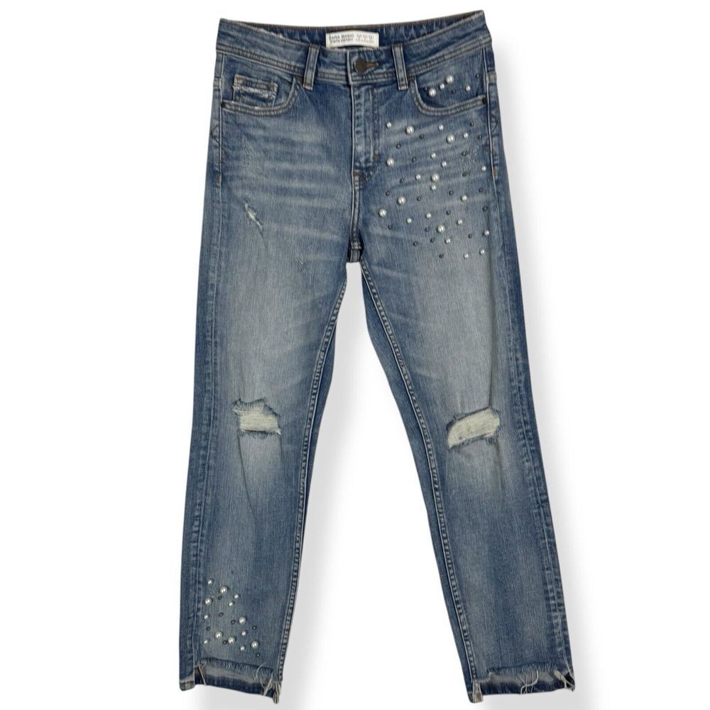 ZARA‎ High Rise Straight Leg Jeans Size 0 26 Pearl Embellished Beaded Glam Party